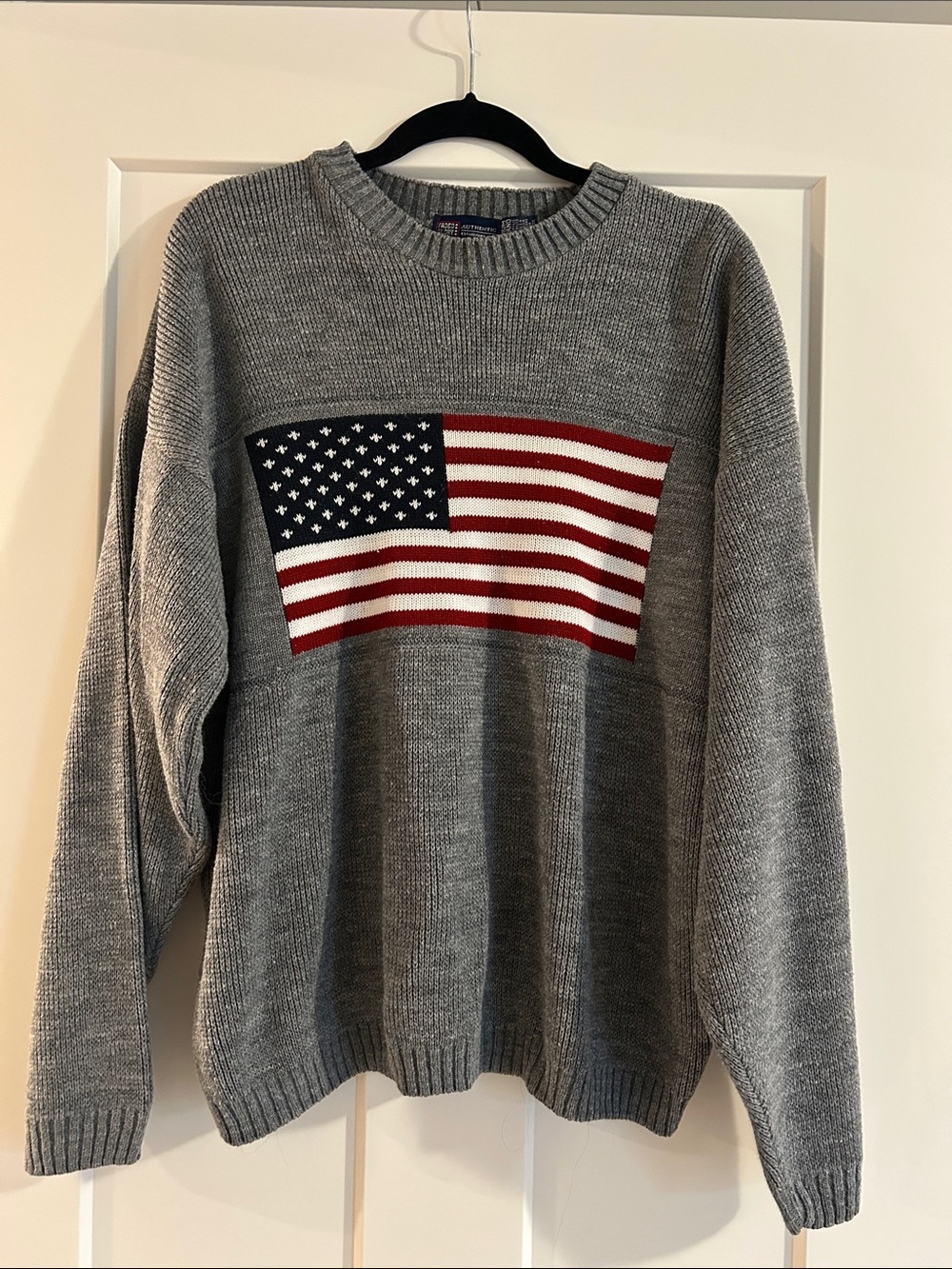 Faded Glory Gray Crewneck Sweater with American Flag Panel